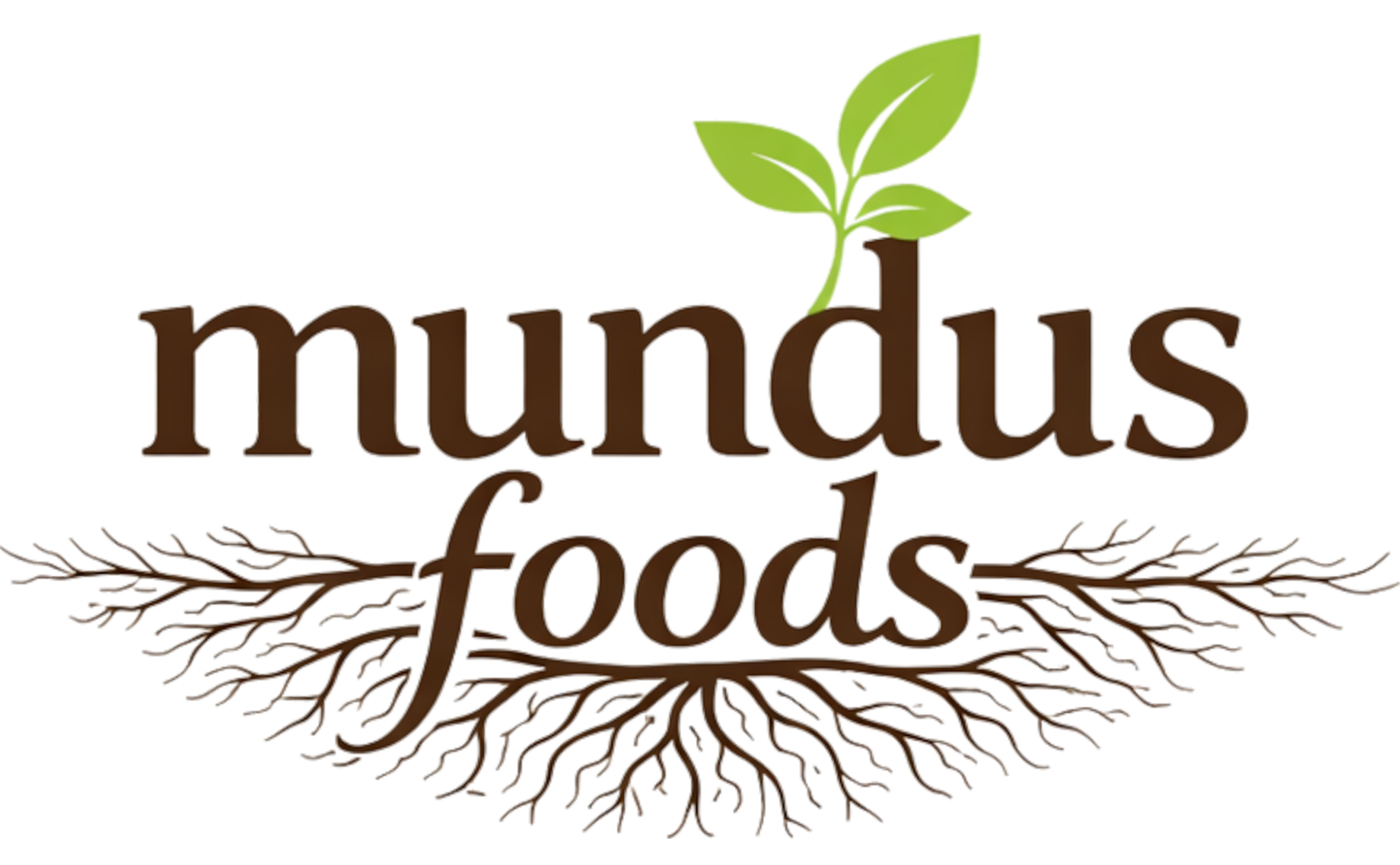 Logo for a foods brand with a brown serif wordmark and a green sprout growing from the letters, flanked by wheat-like flourishes.