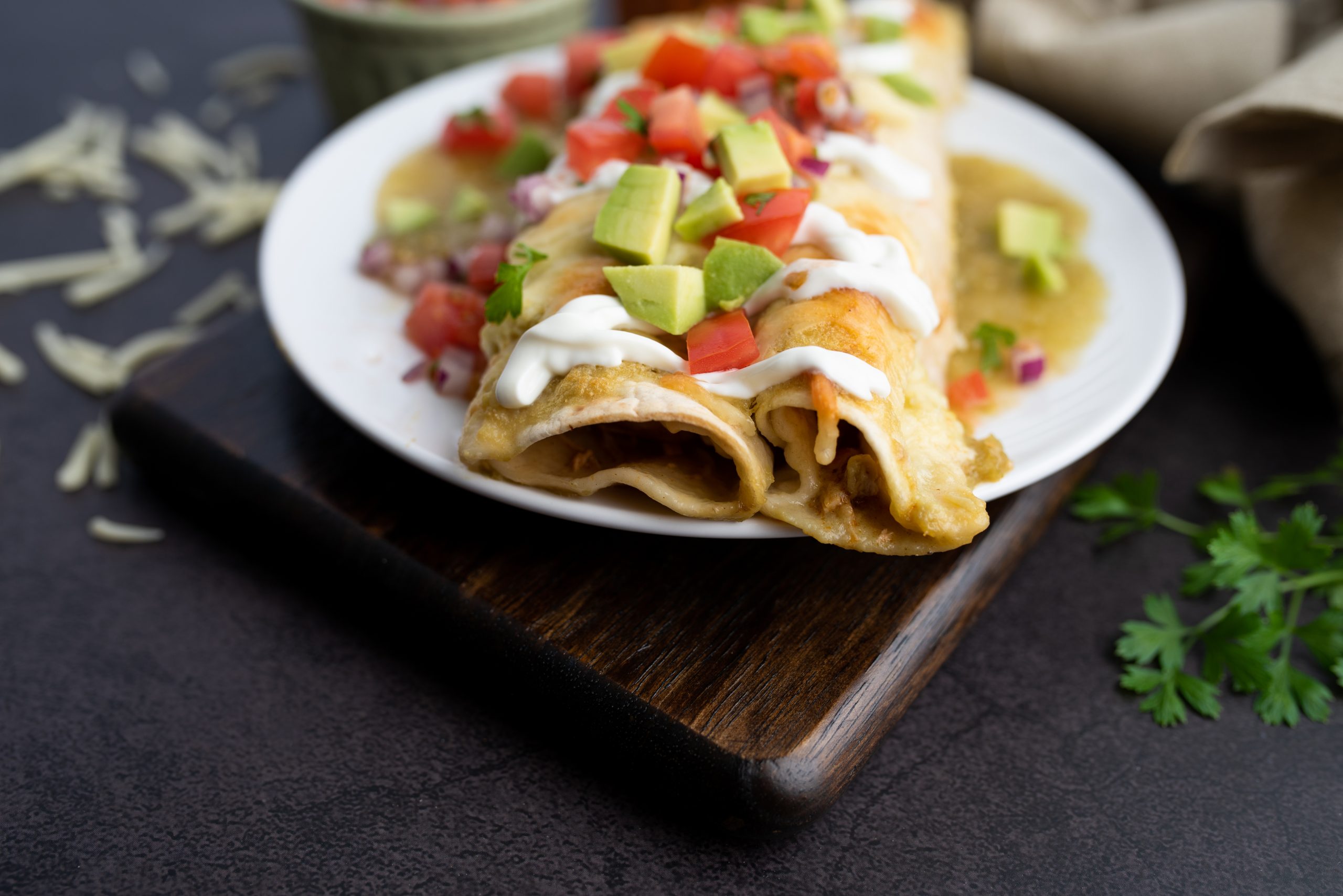 honey lime dairy-free cream cheese enchiladas with toppings